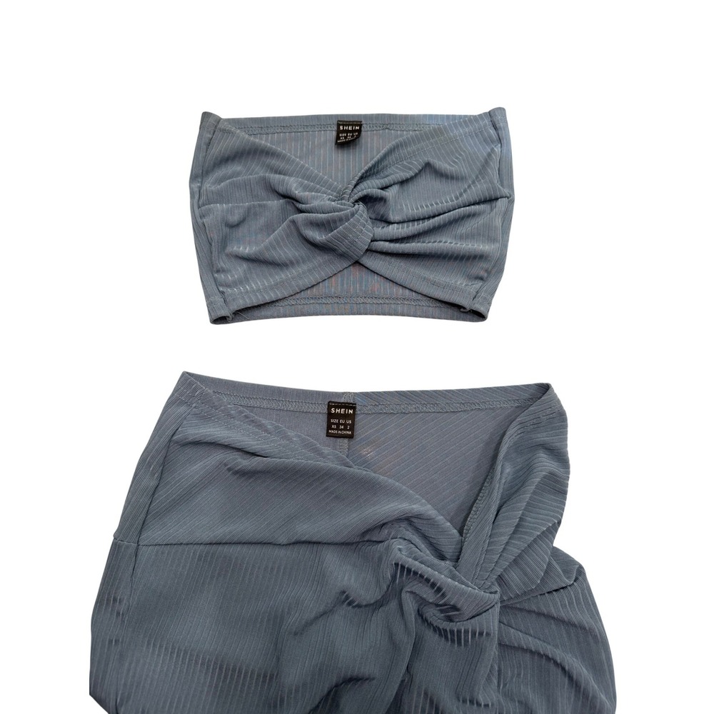 Slate Blue Ribbed Knit Bandeau‎ Midi Skirt Set S Minimalist Clean Girl Y2K